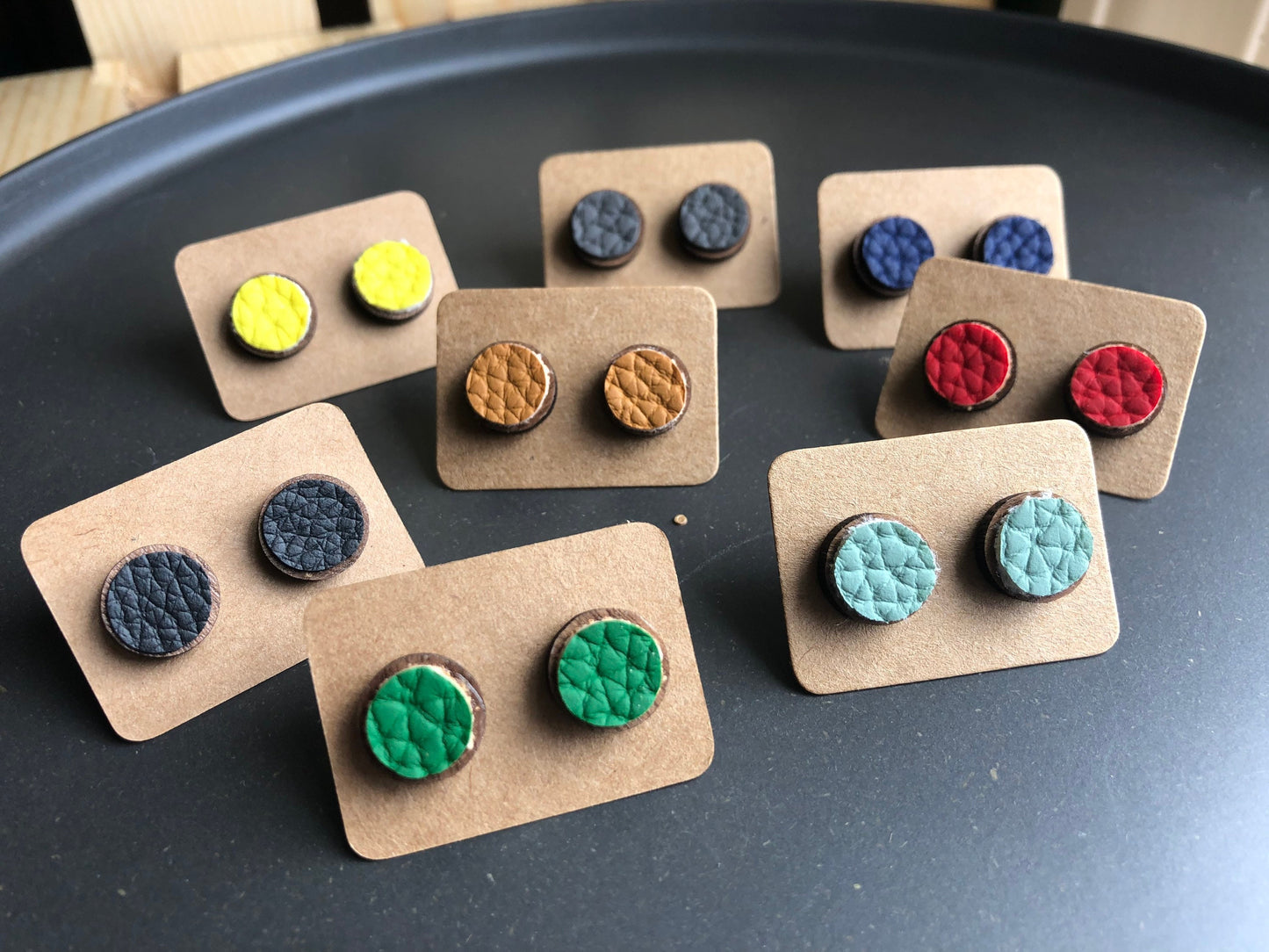 Leather stud earrings. Minimalist Stud Earrings. Wood and leather studs.