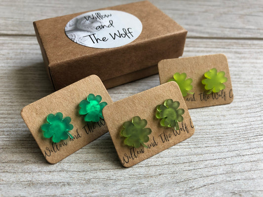 St. Patrick’s Day Stud Earrings. Shamrock Stud Earrings. Lucky Four Leaf Clover Studs. Acrylic Earrings.