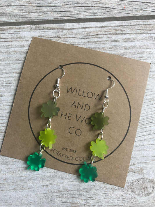 Dangle Shamrock Earrings. St Patrick’s Day Earrings. Green Clover earrings.