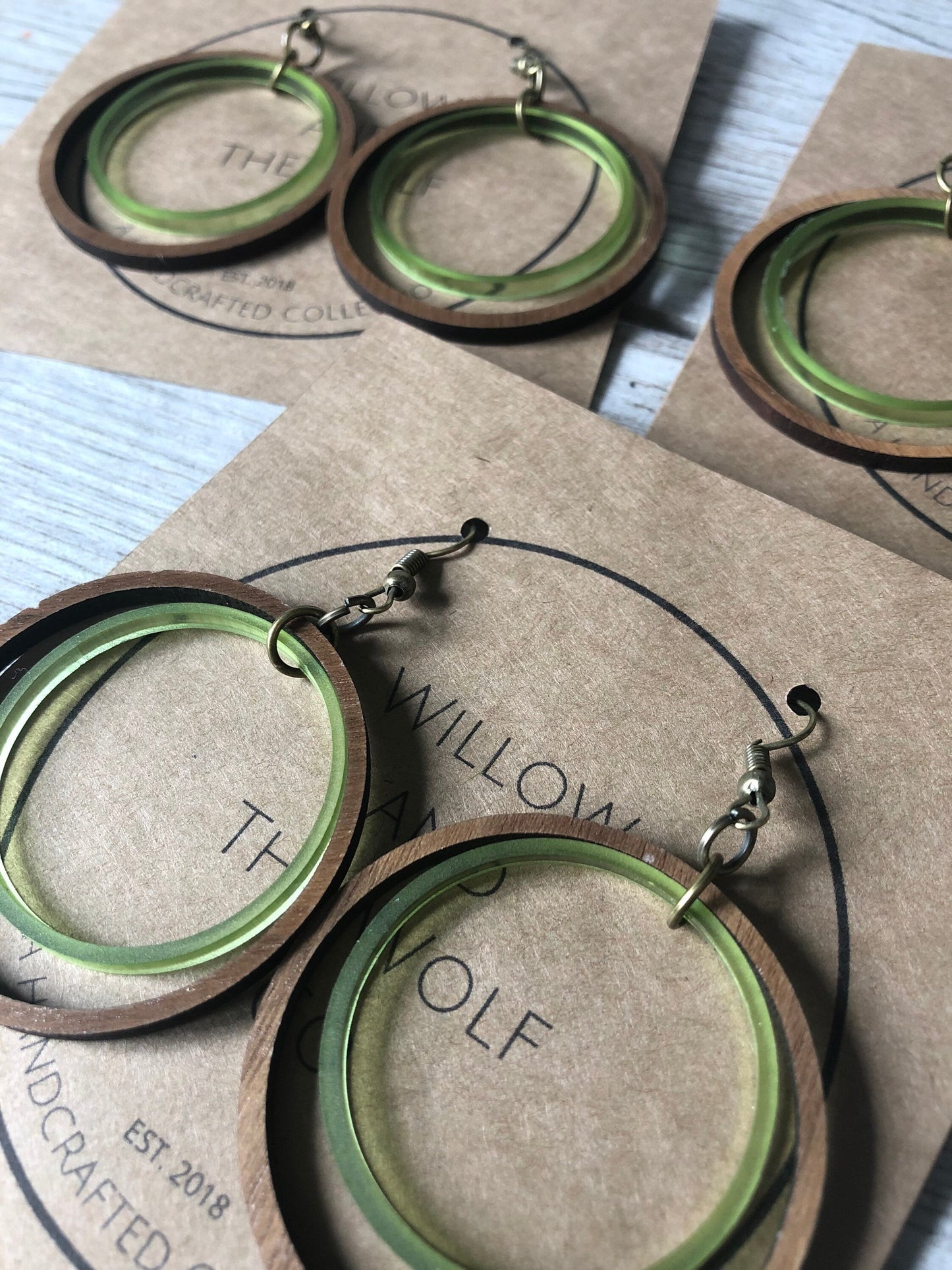 Olive and Walnut Hoop Earrings. 2 Inch Hoops. Lightweight Earrings. St Patrick's Day Earrings. Double Hoop Earrings. Dangly Earrings.