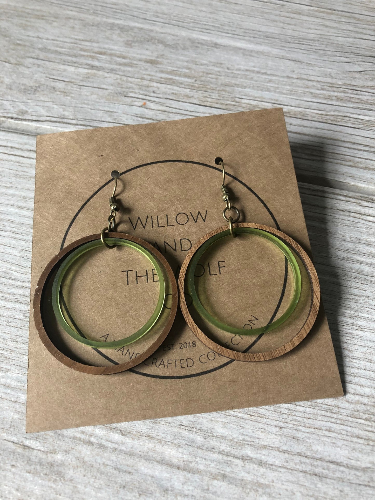 Olive and Walnut Hoop Earrings. 2 Inch Hoops. Lightweight Earrings. St Patrick's Day Earrings. Double Hoop Earrings. Dangly Earrings.