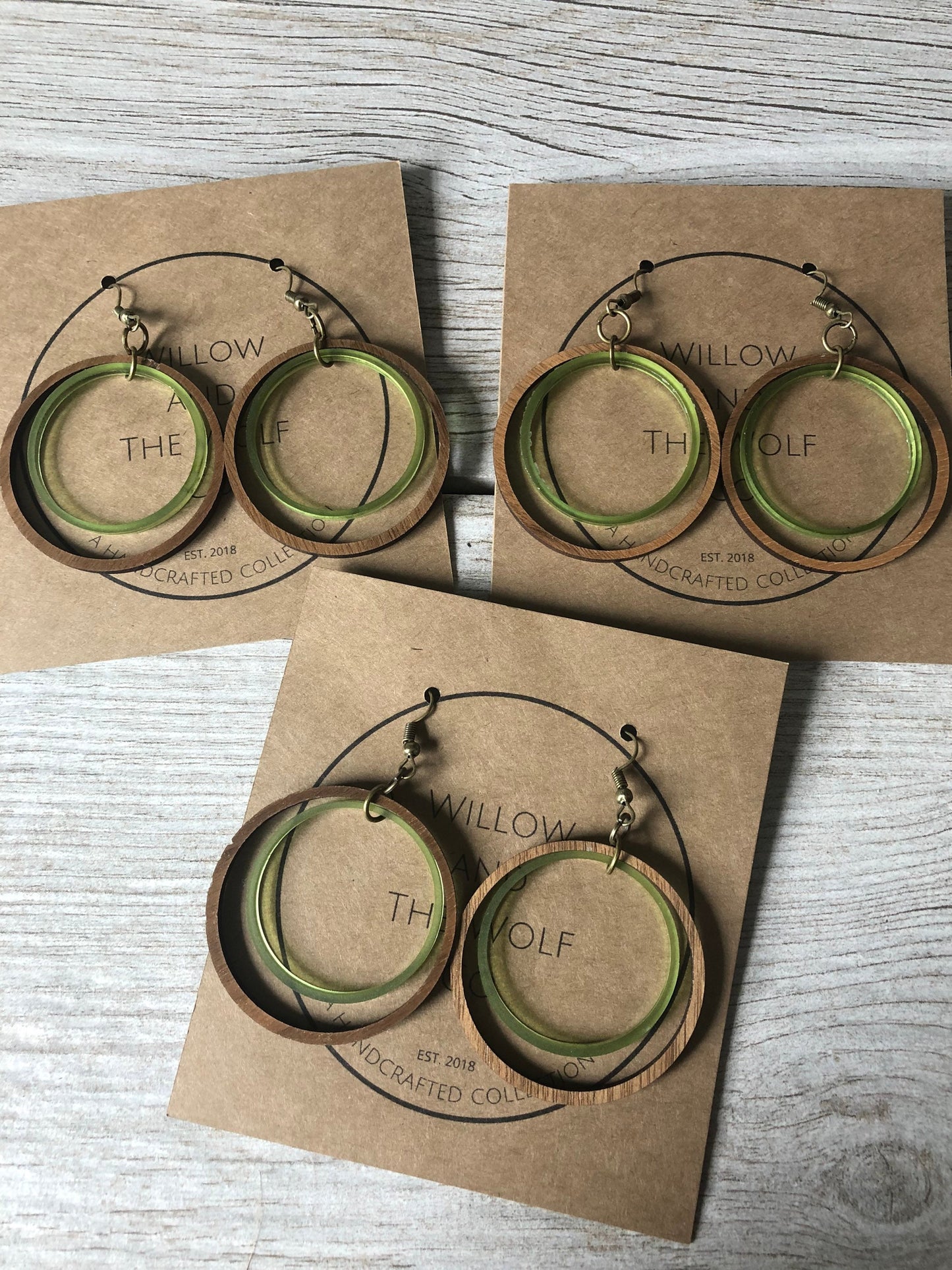 Olive and Walnut Hoop Earrings. 2 Inch Hoops. Lightweight Earrings. St Patrick's Day Earrings. Double Hoop Earrings. Dangly Earrings.
