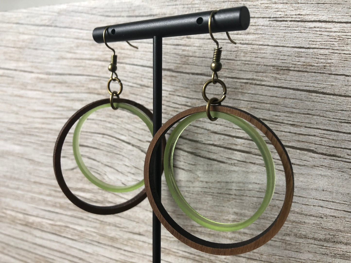 Olive and Walnut Hoop Earrings. 2 Inch Hoops. Lightweight Earrings. St Patrick's Day Earrings. Double Hoop Earrings. Dangly Earrings.