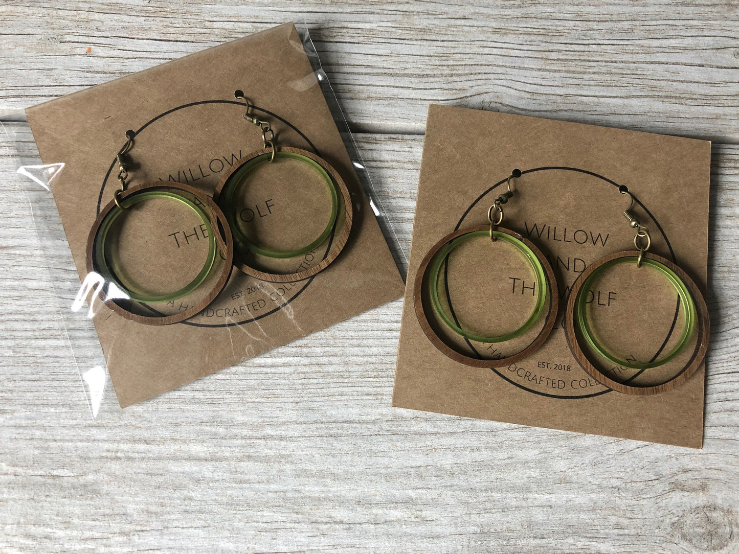 Olive and Walnut Hoop Earrings. 2 Inch Hoops. Lightweight Earrings. St Patrick's Day Earrings. Double Hoop Earrings. Dangly Earrings.