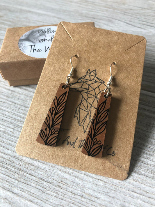 Laurel Leaf Engraved Wood Earrings. Leaf Earrings. Plant Lover Earrings.Laser Engraved Earrings. Anniversary or Birthday Gift. Gift for Her.