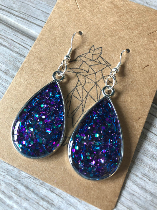 Galaxy Teardrop Earrings. Blue and Purple Dangle Earrings.