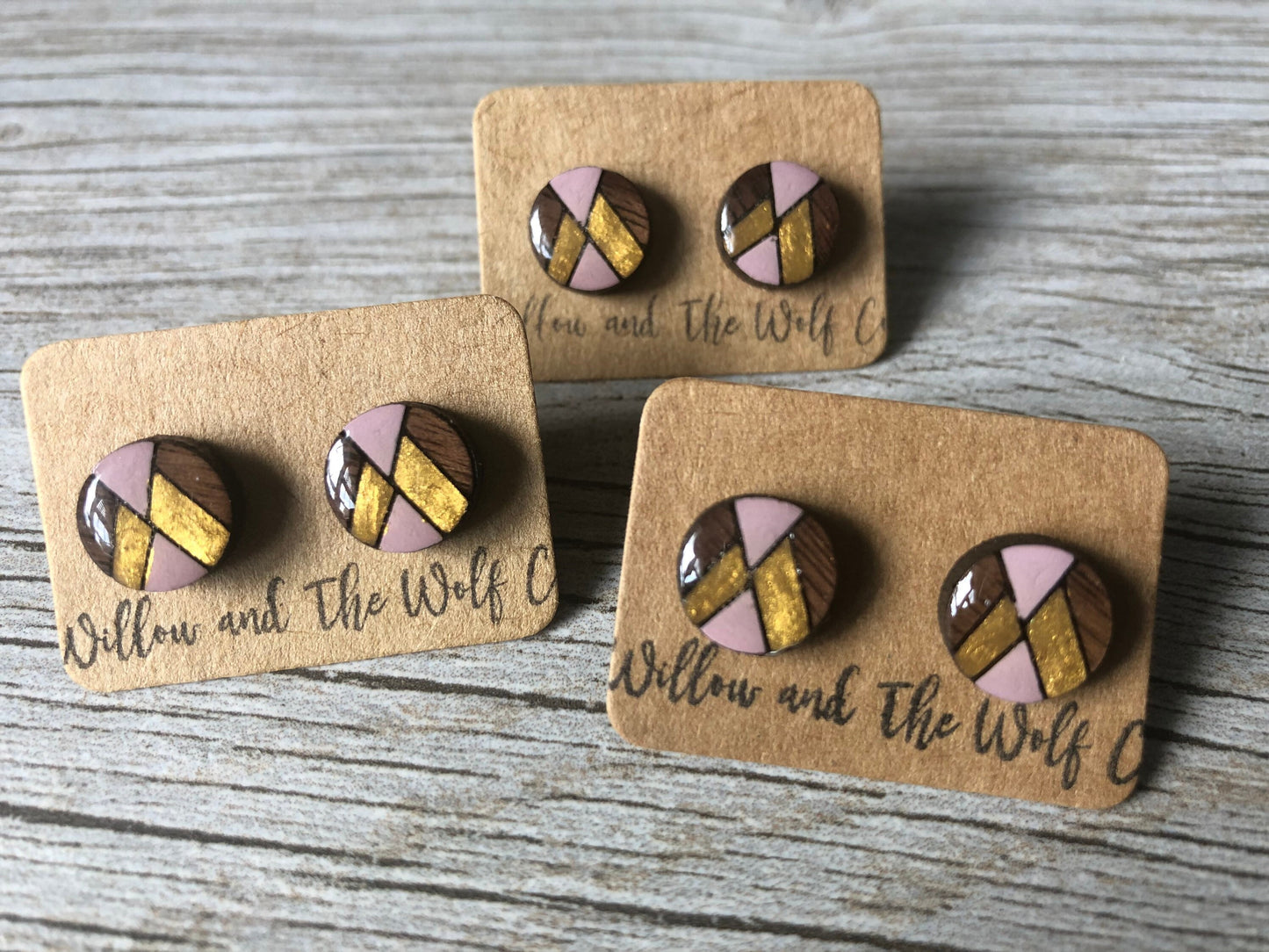 Geometric Circle Stud Earrings. Blush and Gold. Grey and Gold. Navy and Gold. Laser Cut Wood Studs.