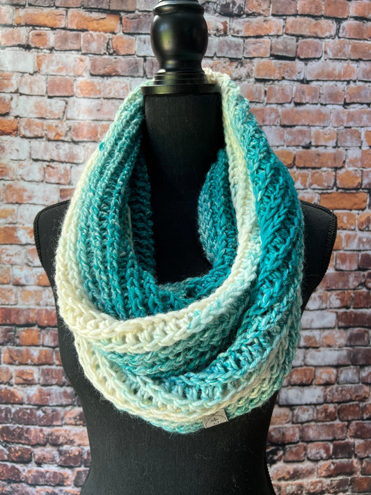 Knit Scarf. Teal Knit Scarf. Women’s Turquoise and Cream Infinity Scarf. Crochet Infinity Scarf.