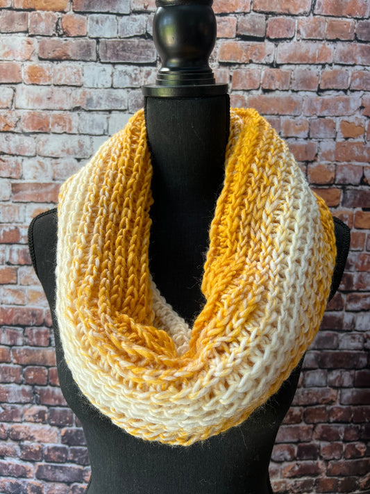 Knit Scarf. Mustard and Cream Knit Cowl. Golden Yellow and White Crochet Cowl. Ombre Colored Cowl. Women's Accessories.