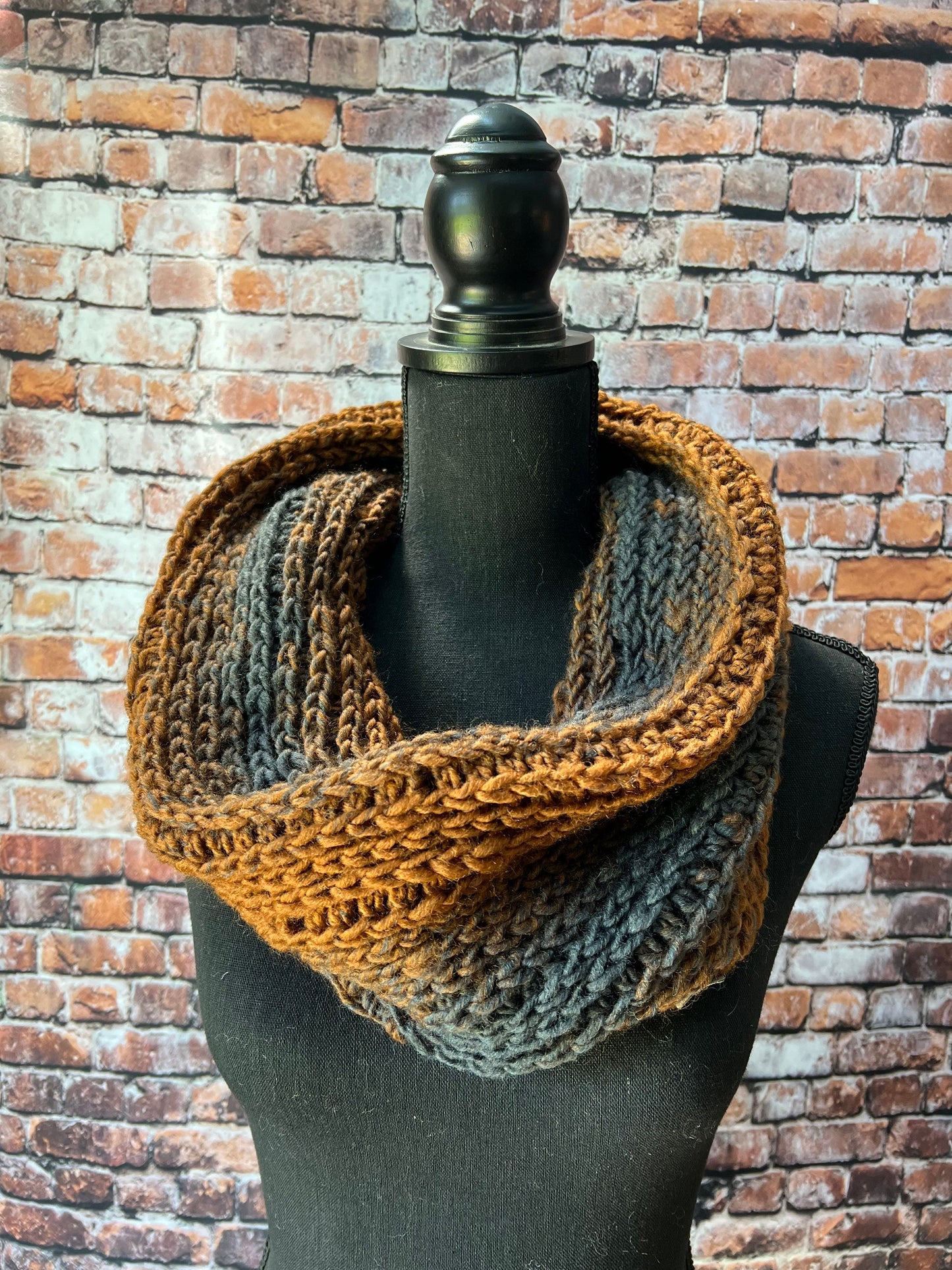 Rust and Charcoal Women's Chunky Infinity | Neutral Colored Women's Cowl | Black and Tan Knit Scarf | Crochet Infinity Cowl