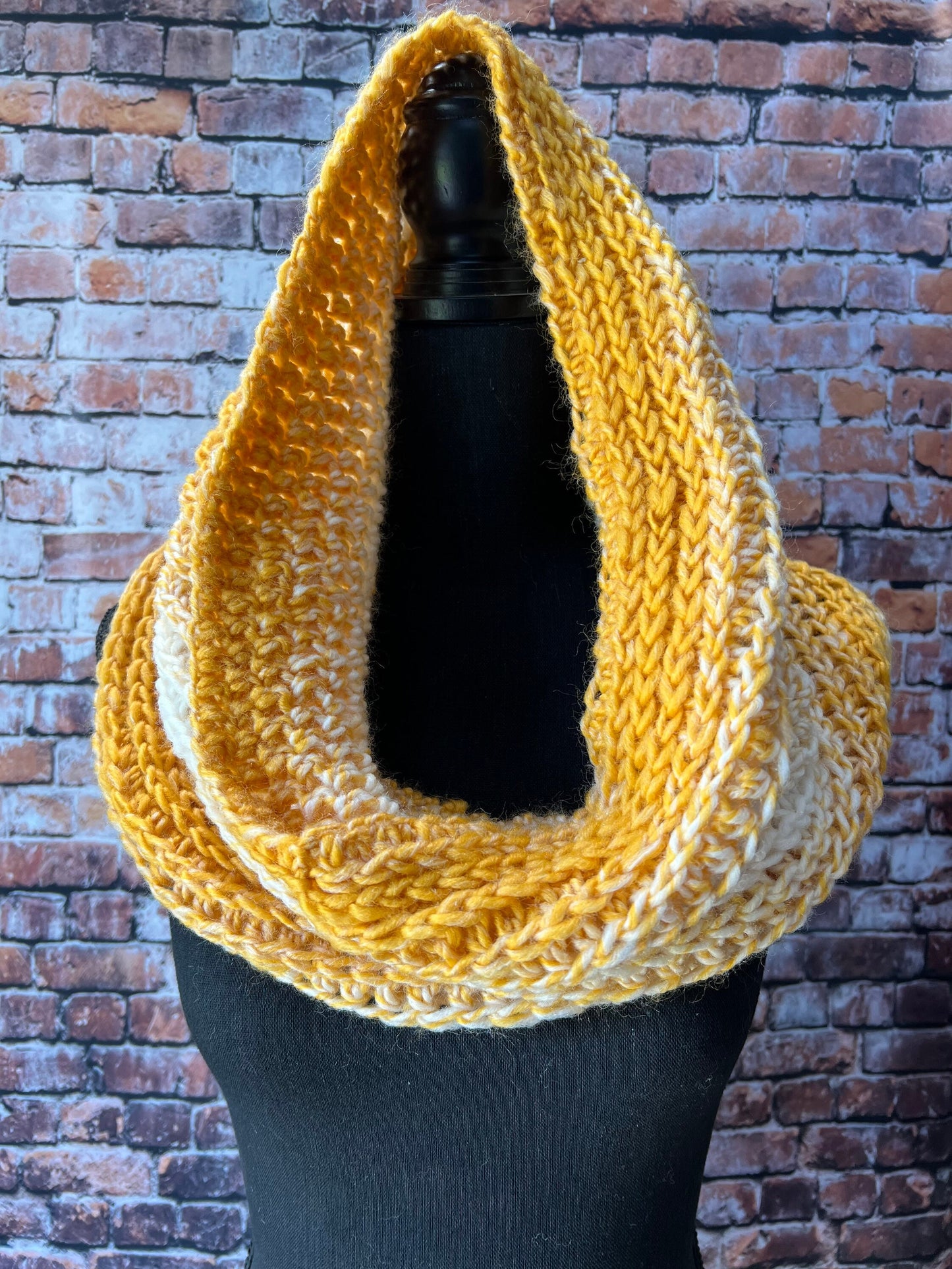 Knit Scarf. Mustard and Cream Knit Cowl. Golden Yellow and White Crochet Cowl. Ombre Colored Cowl. Women's Accessories.