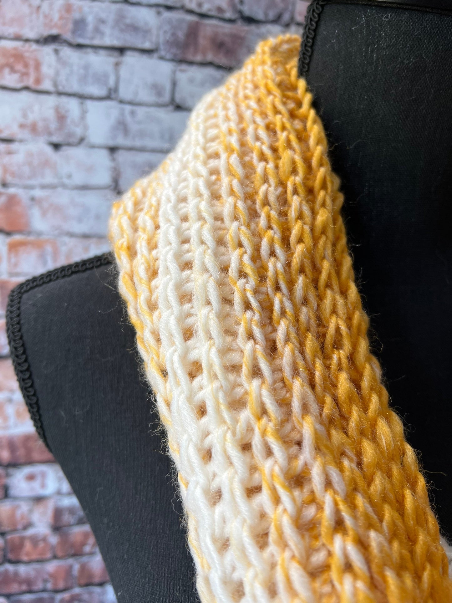 Knit Scarf. Mustard and Cream Knit Cowl. Golden Yellow and White Crochet Cowl. Ombre Colored Cowl. Women's Accessories.