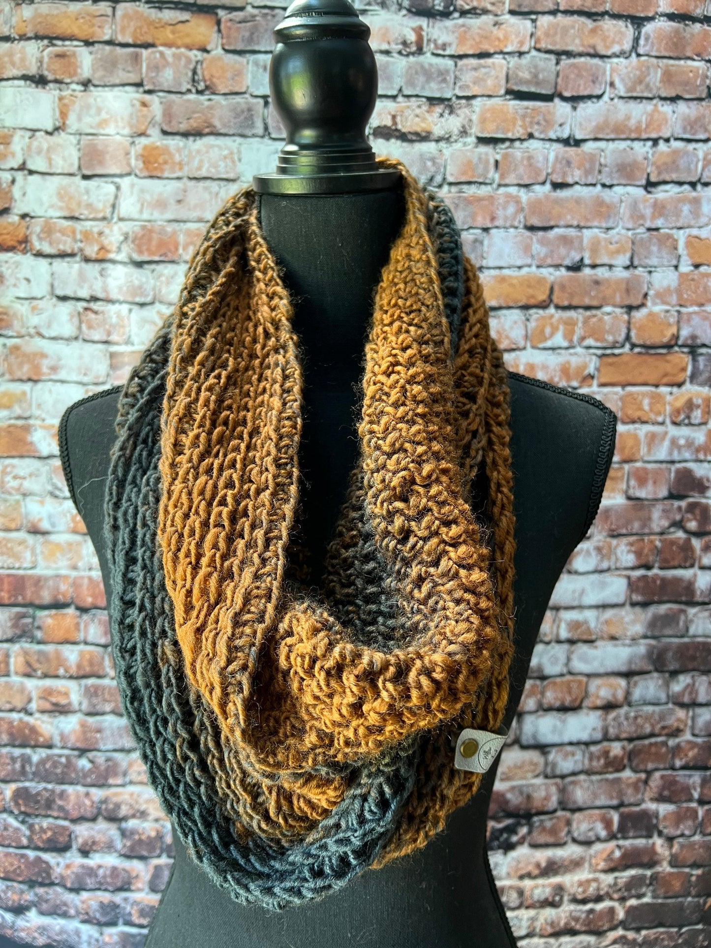 Rust and Charcoal Women's Chunky Infinity | Neutral Colored Women's Cowl | Black and Tan Knit Scarf | Crochet Infinity Cowl