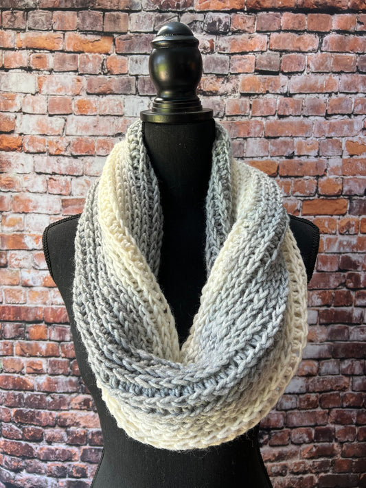 Grey and Cream Knit Cowl. Abigail Cowl. Chunky knit scarf. Women’s Winter Scarf.