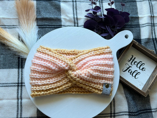 Ava Earwarmer Knit Headband. Women’s Knit Earwarmer. Blush and Gold Winter Headband.