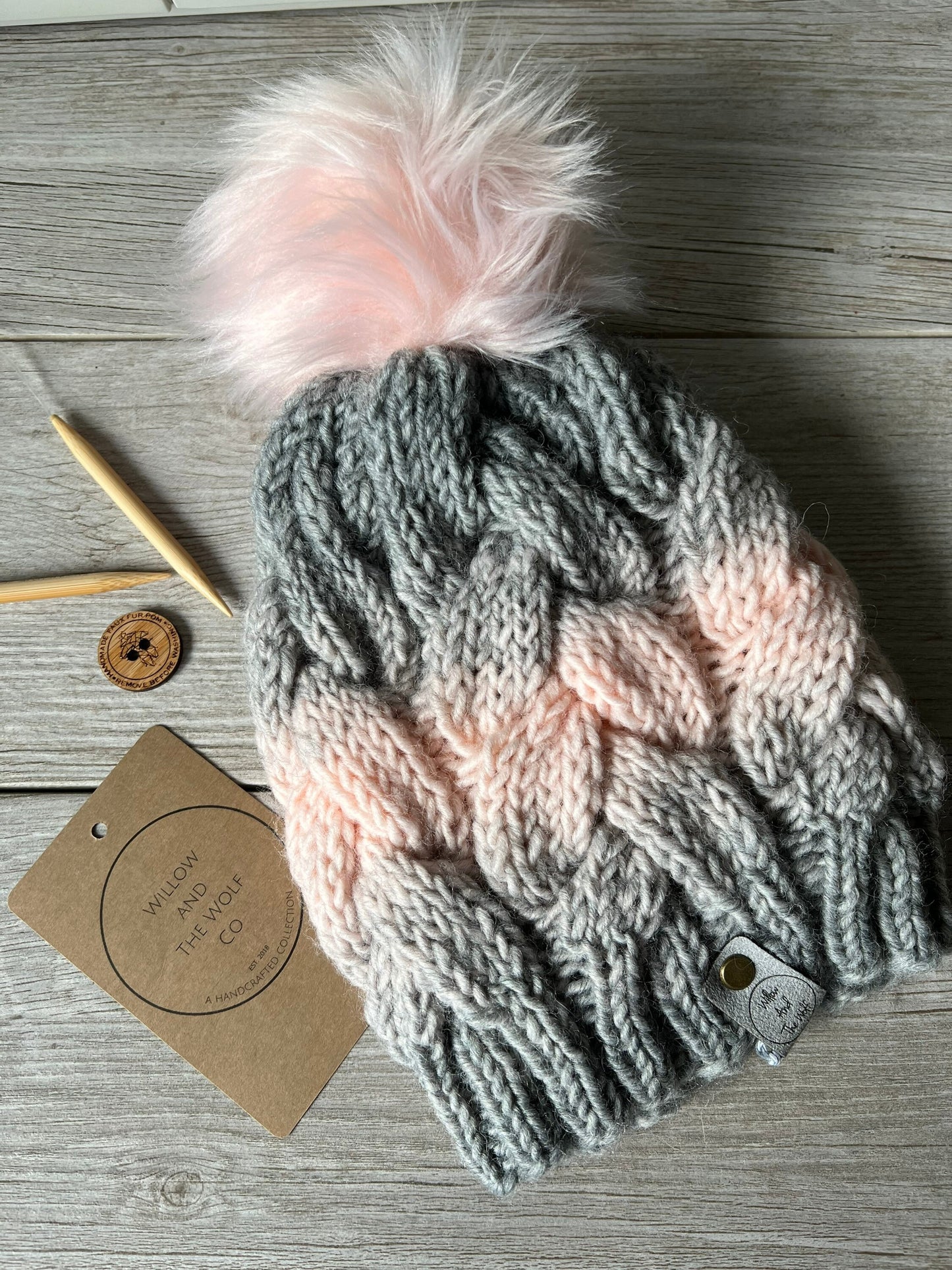 Pink and Grey Knit Braided Cable Beanie. Ombré Knit Hat. Women’s Knitted Toque.