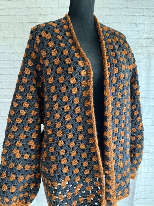 Halloween Hexi Cardigan. Black and Orange Cardigan. Fall Sweater Pumpkin Cardigan. Jack O Lantern.