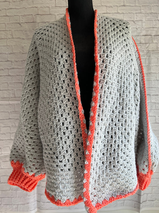 Light Grey and Coral Hexagon Cardigan. Granny Square Cardigan.