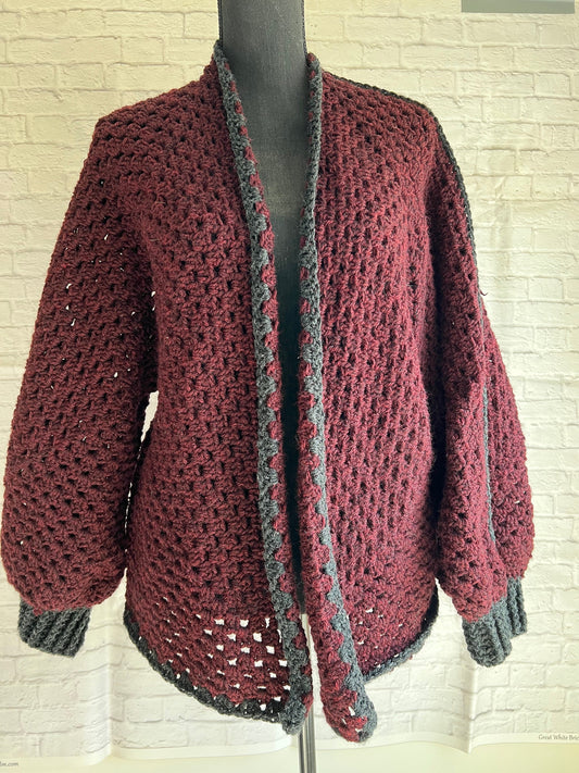 Moody Fall Hexi Cardigan. Deep Wine Red and Black Sweater. Vampire Cardigan.