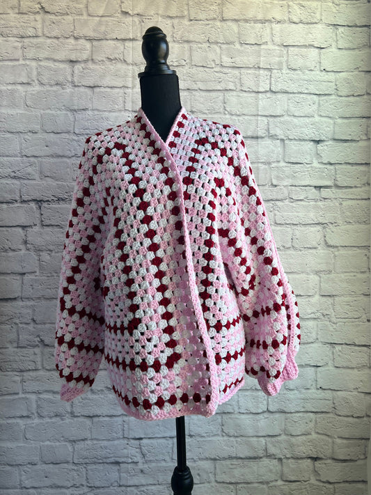 Strawberries and Cream Cardigan. Granny Hexagon Cardigan Sweater. Pink and Red Cardigan. Dopamine Fashion. Tomboy Chic Fashion.