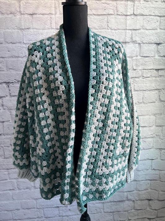 Teal Green and Grey Cardigan. Women's Crochet Sweater. Hexagon Cardigan.