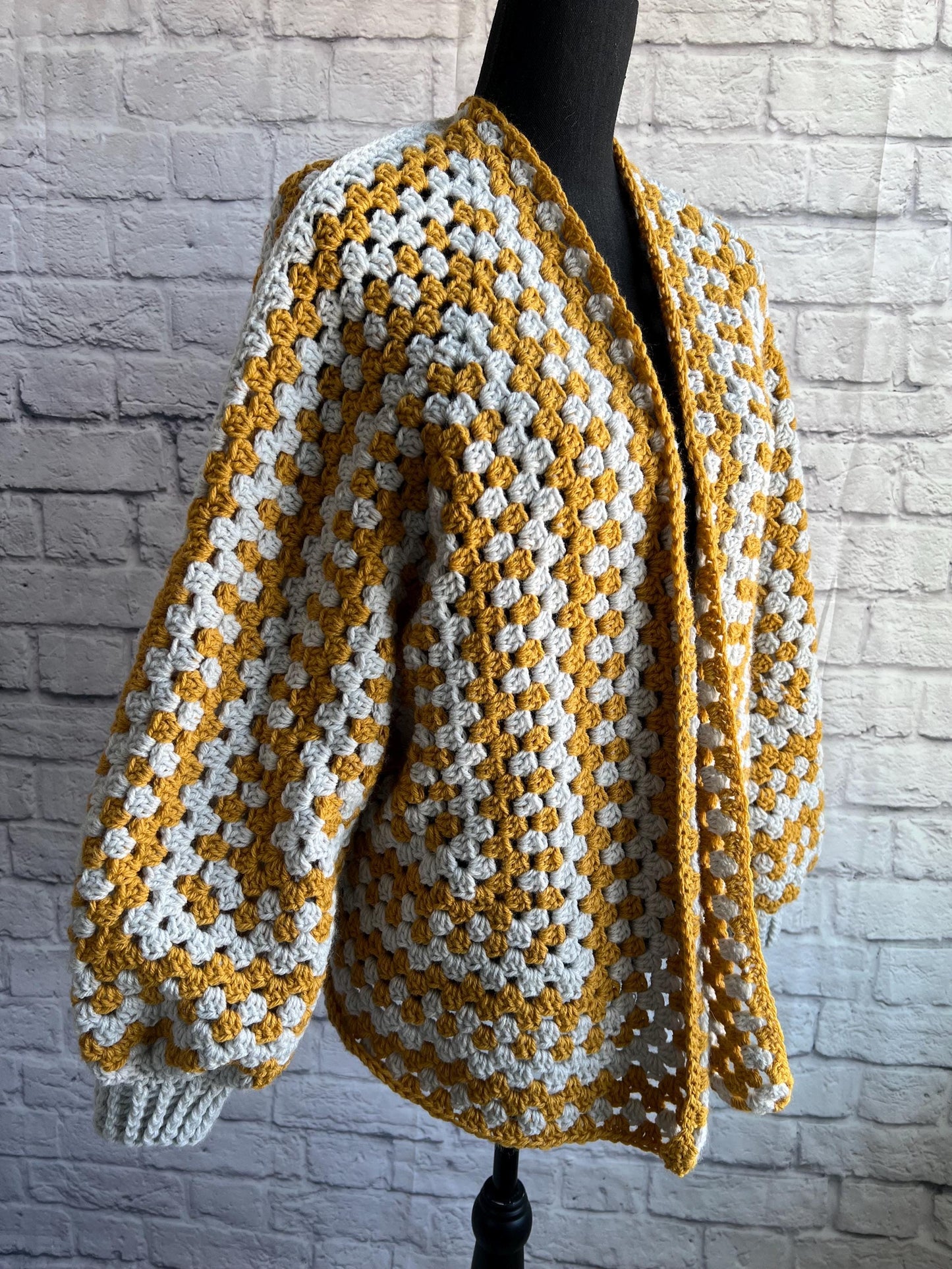 Grey and Yellow Cardigan. Mustard and Gray. Women's Crochet Sweater. Hexagon Cardigan.