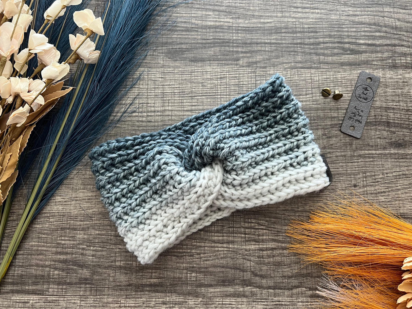 Ava Earwarmer Knit Headband. Women’s Knit Earwarmer. Cream and Steel Blue Winter Headband.
