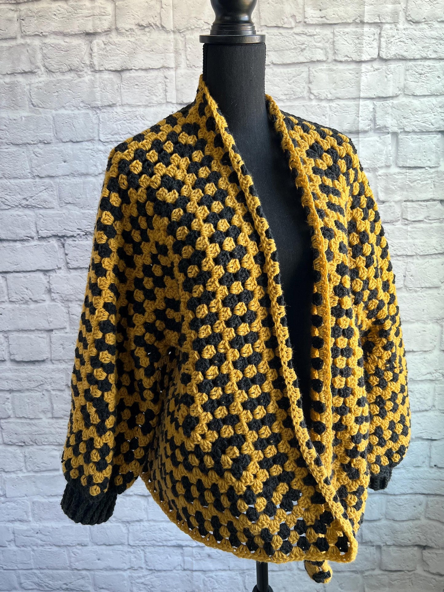 Black and Yellow Cardigan. Women's Crochet Sweater. Hexagon Cardigan.