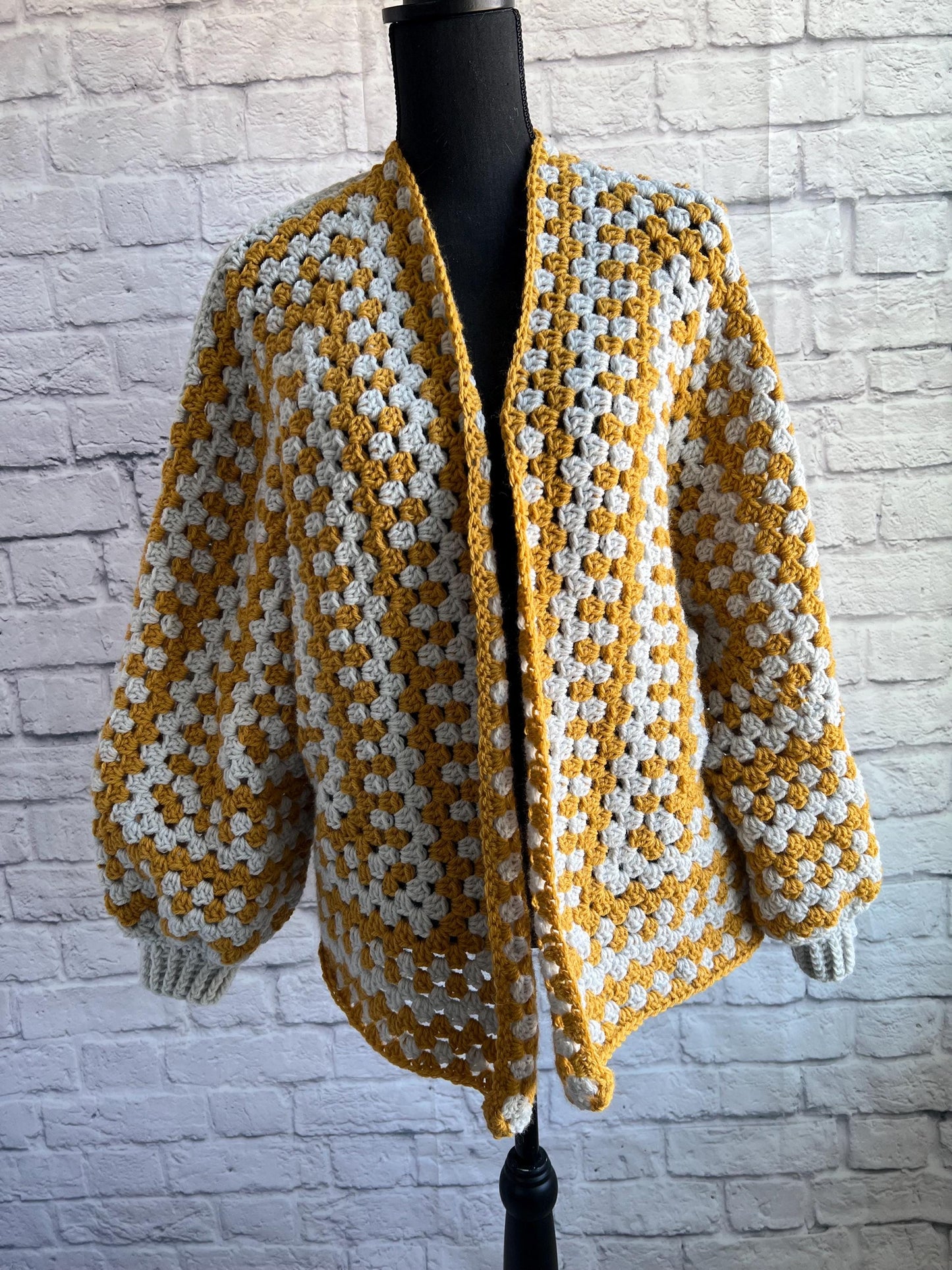 Grey and Yellow Cardigan. Mustard and Gray. Women's Crochet Sweater. Hexagon Cardigan.