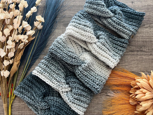 Ava Earwarmer Knit Headband. Women’s Knit Earwarmer. Cream and Steel Blue Winter Headband.