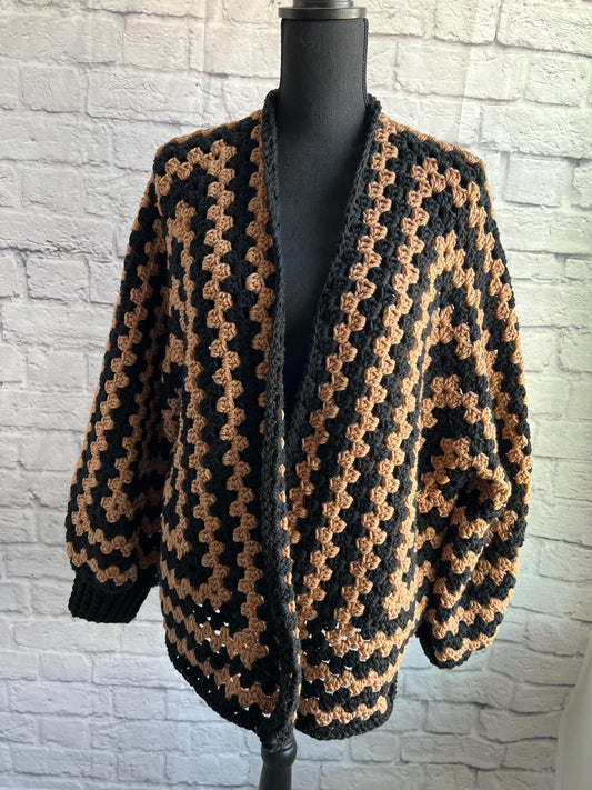 Black and Tan Cardigan. Granny Hexagon Cardigan Sweater. Camel and Black