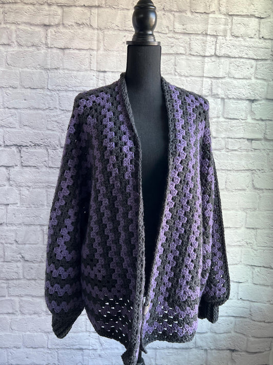 Purple and Black Halloween Cardigan. Granny Hexagon Cardigan Sweater. Halloween colors.