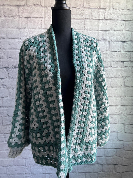 Grey and Green Cardigan. Granny Hexagon Cardigan Sweater. Fern green sweater. Fall Sweater.