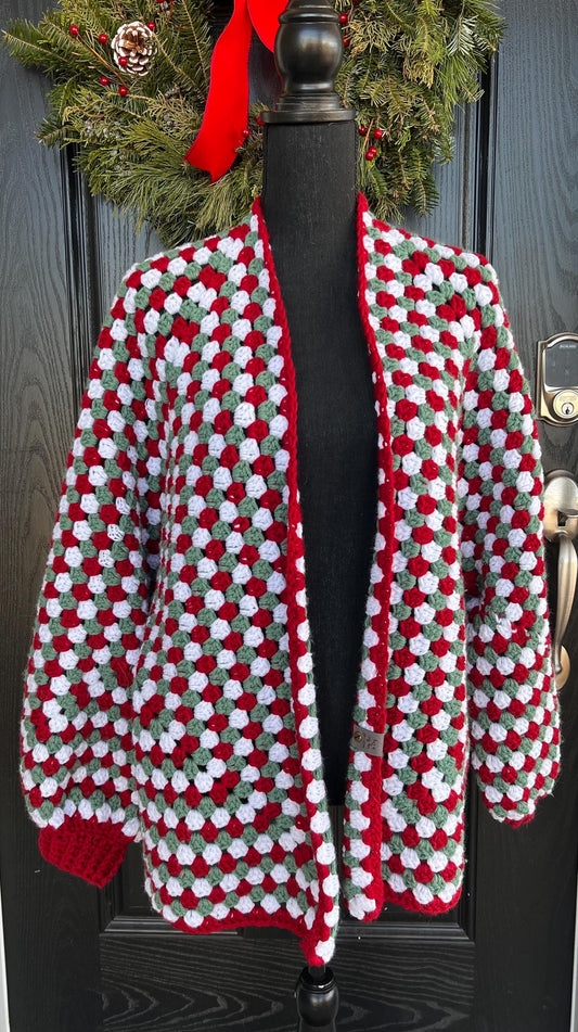 Christmas Hexi Cardigan. Red and Green and White Cardigan. Granny Square Sweater. Multicolor Holiday Sweater.