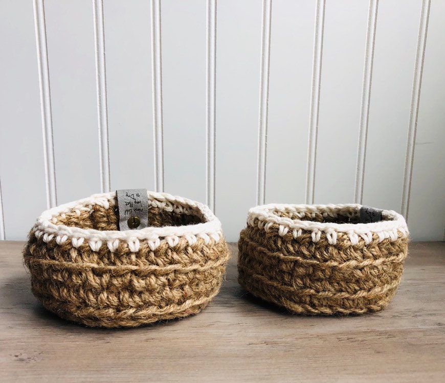 Jute and Cotton Crochet Basket | Trinket Holder | Nightstand Organization | New Home Gift | Farmhouse Decor | Boho Home Decor | Cottage Core