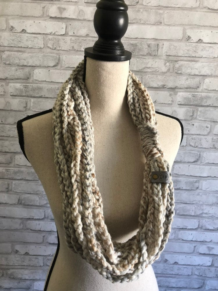 Knit Scarf. Cream Braided Chain Scarf. Neutral Braided Women's Scarf. Beige Chain Scarf. Cream, beige and grey neutral cowl.