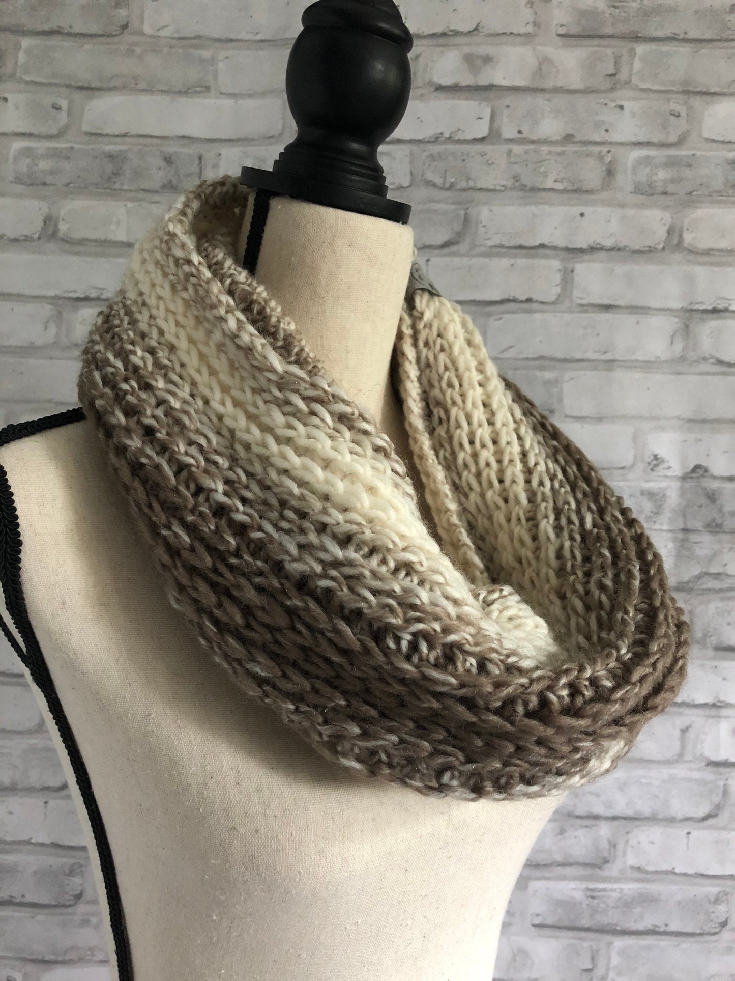 Cream and Brown Knit Scarf. Neutral Women’s Knit Cowl.