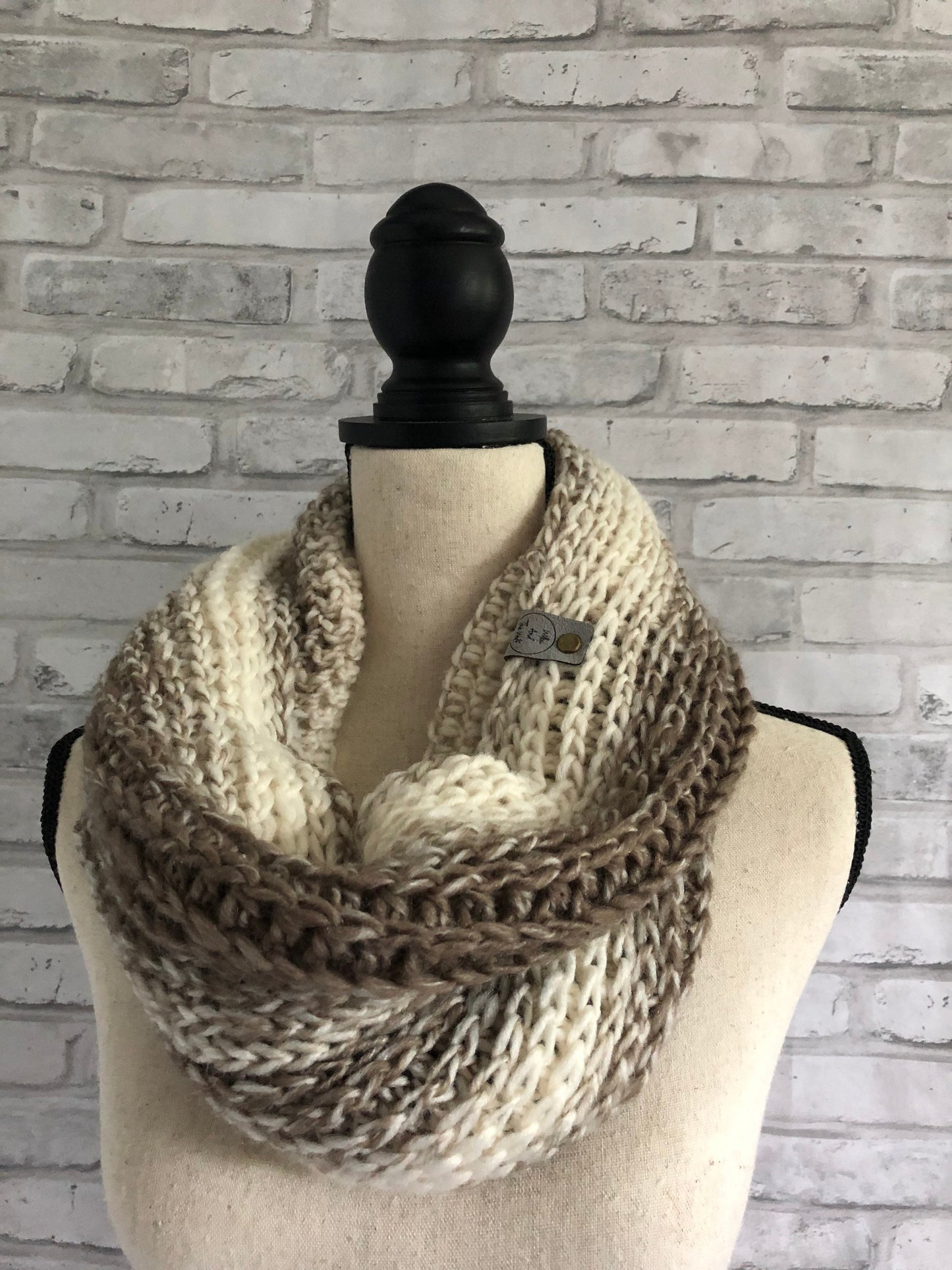 Cream and Brown Knit Scarf. Neutral Women’s Knit Cowl.