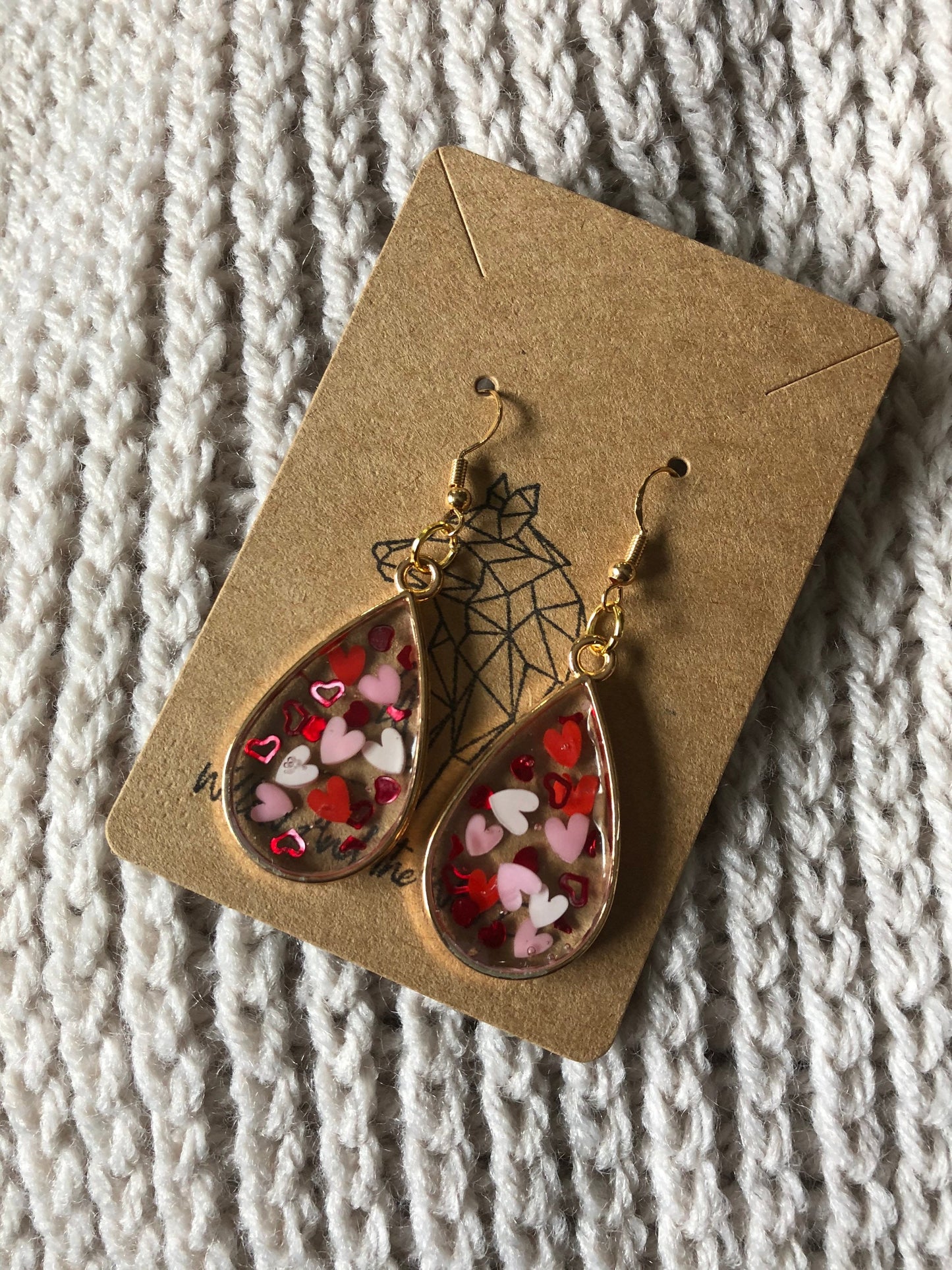 Valentines Day Earrings. Heart Confetti Earrings. Gifts for her. Pink, Red and White Hearts. Resin and Gold Drop Earrings.