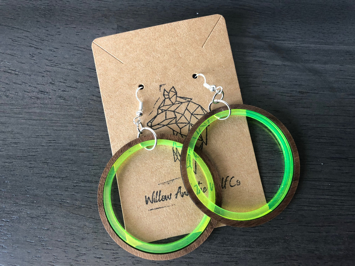 Neon Acrylic and Walnut Hoop Earrings. Indie Aesthetic. Indie Outfit. 90’s inspired Earrings. Fluorescent Pink and Neon Green Hoops.