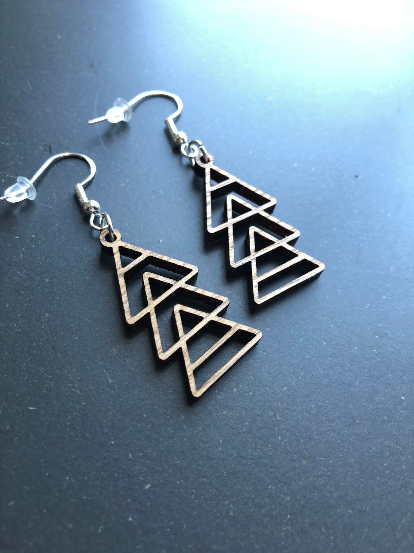 Geometric Triangle Dangle Earrings. Minimalist Triangle Drop Earrings. Laser Cut Walnut Triangle Earrings.