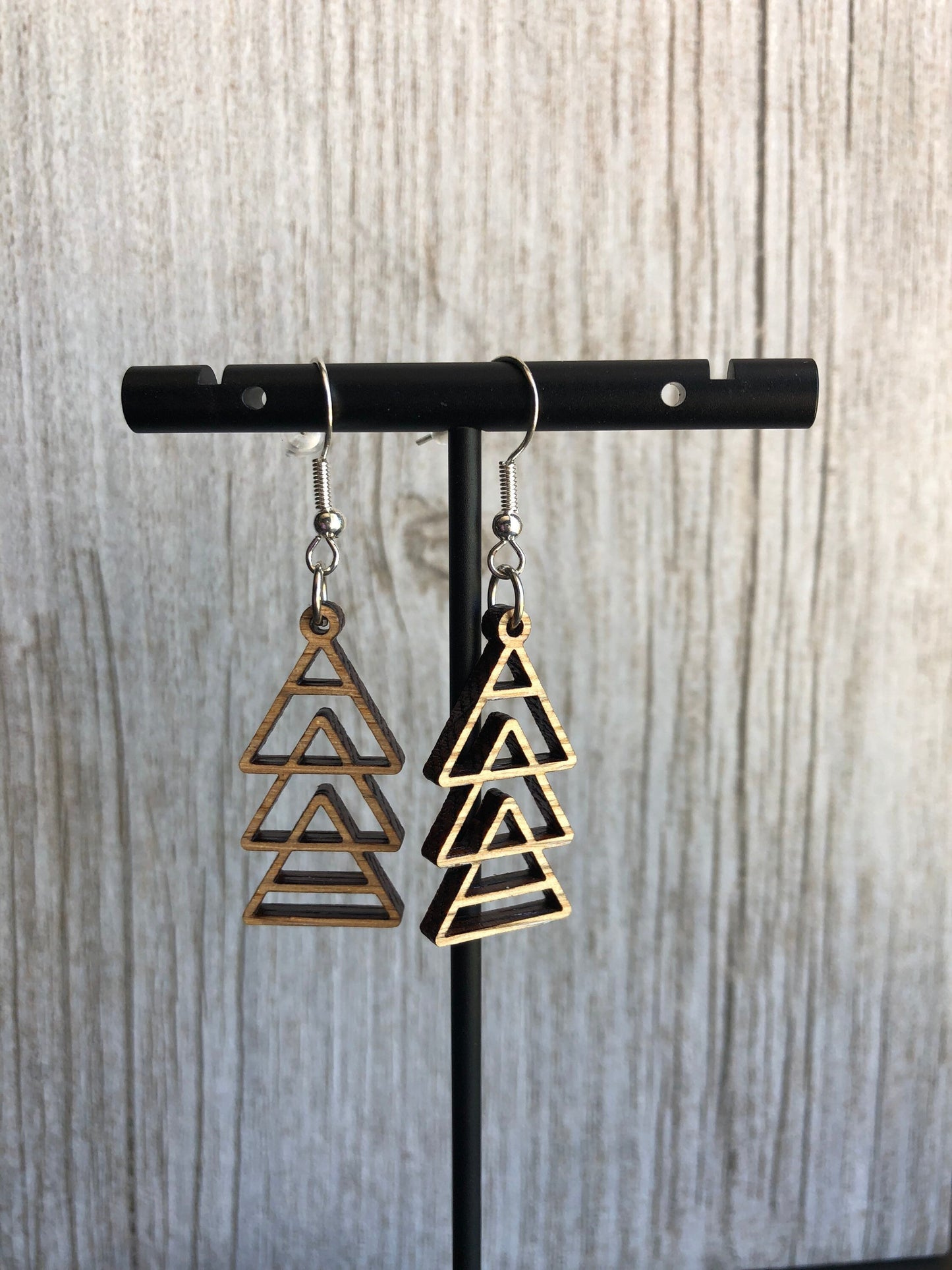 Geometric Triangle Dangle Earrings. Minimalist Triangle Drop Earrings. Laser Cut Walnut Triangle Earrings.