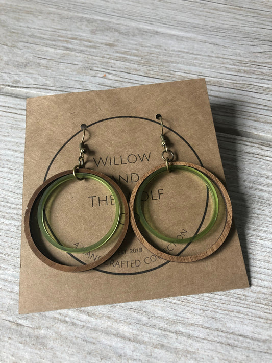 Olive and Walnut Hoop Earrings. 2 Inch Hoops. Lightweight Earrings. Gift for Her. Double Hoop Earrings. Dangly Earrings.