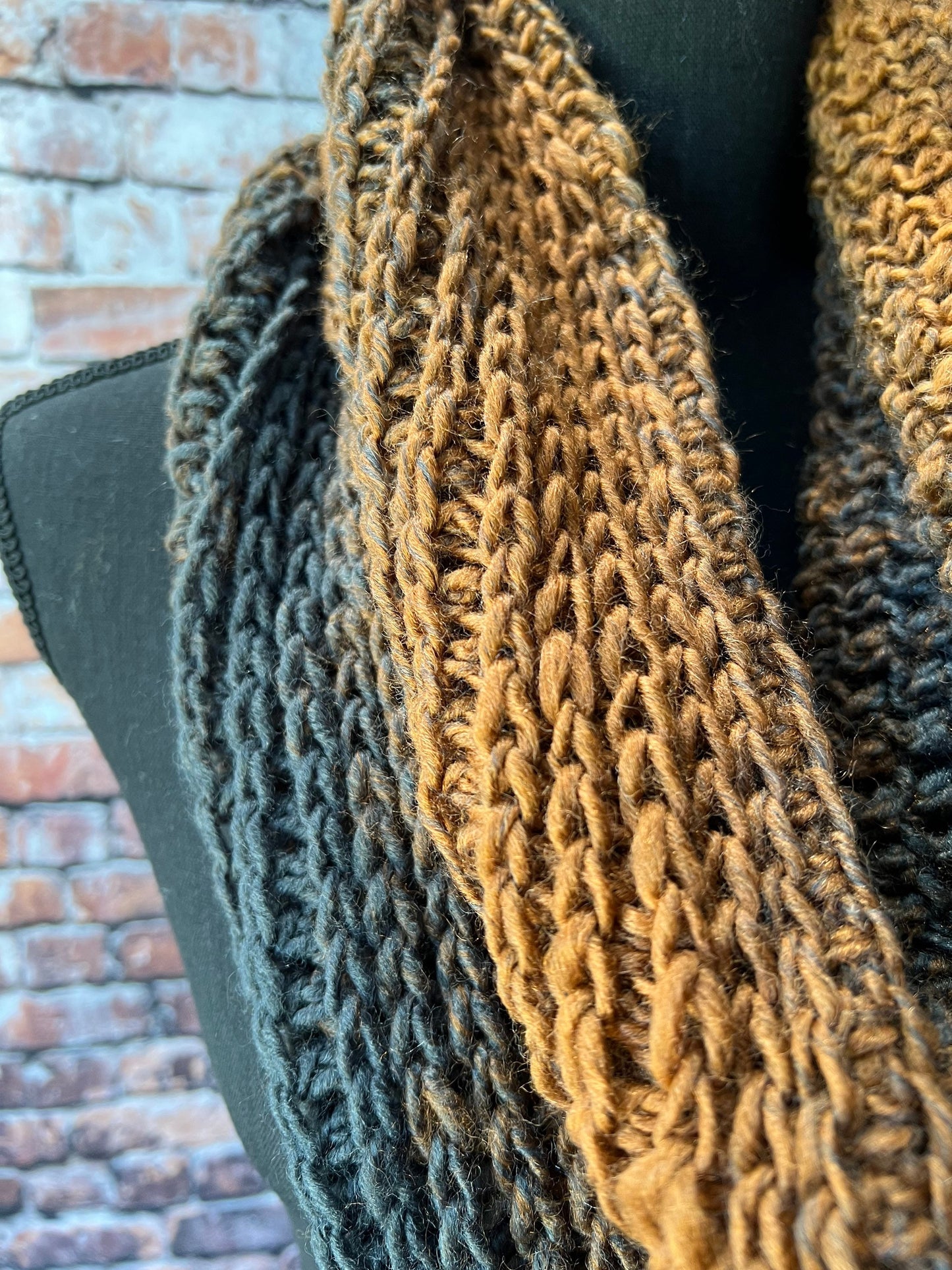 Rust and Charcoal Women's Chunky Infinity | Neutral Colored Women's Cowl | Black and Tan Knit Scarf | Crochet Infinity Cowl