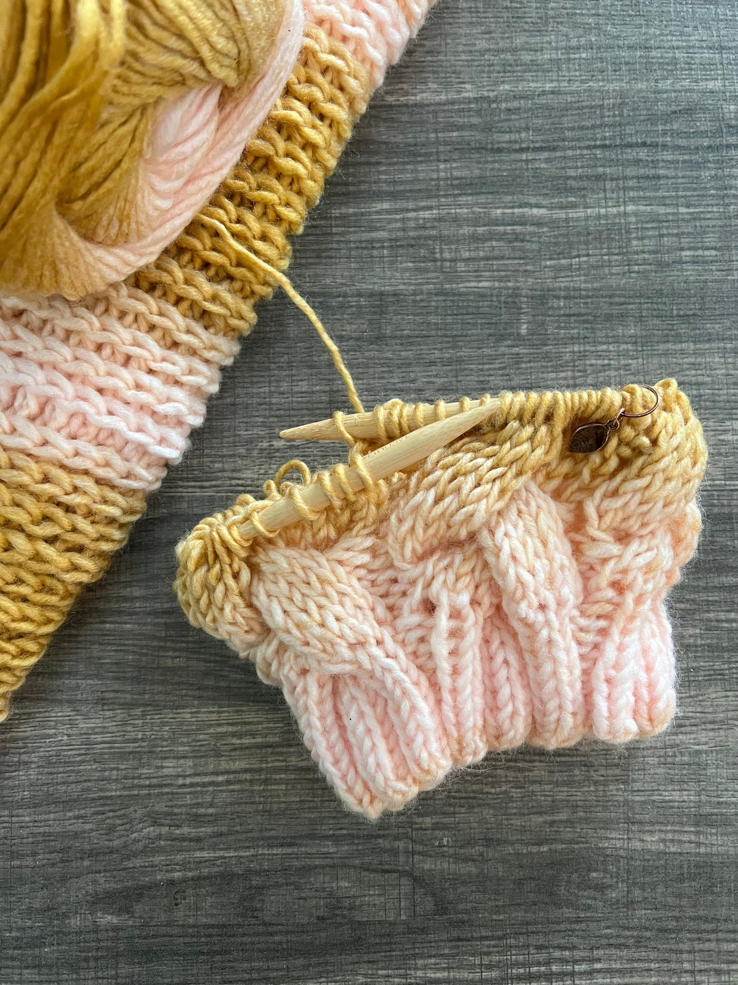 Blush and Gold Braided Cable Knit Hat. Women’s Knit Toque.